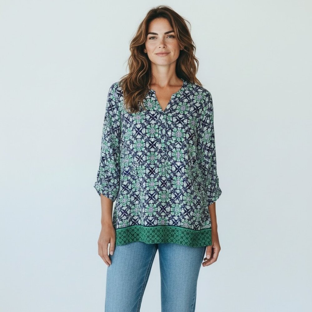 Chiffon Floral Ballon Sleeves Resortwear Flowy Light Tunic Top 1X‎ Blue Green